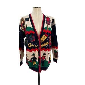 Vintage 90s BellePointe Folk Art Cardigan Sweater Novelty‎ Print Blue Red Medium